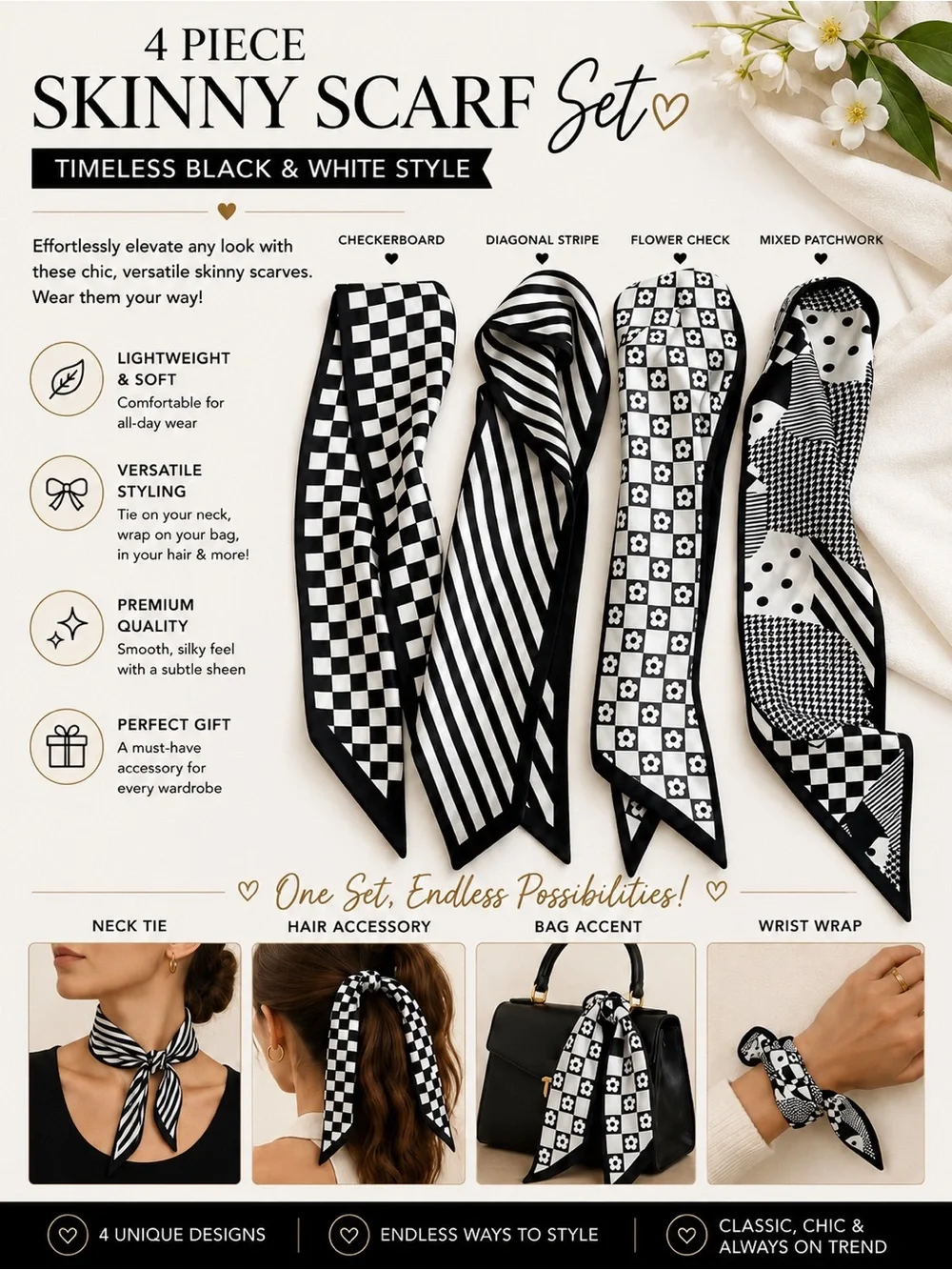 4 Pc Skinny Scarf Set Black White Hair Neck Bag Handle Wrist Wrap